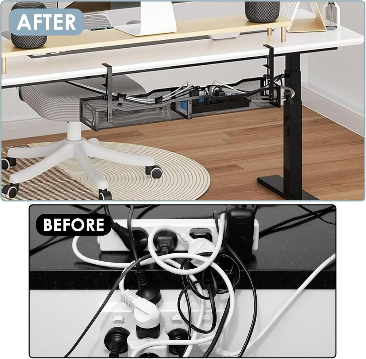 Cable Management, 25'' Cable Management Under Desk No Drill, Black