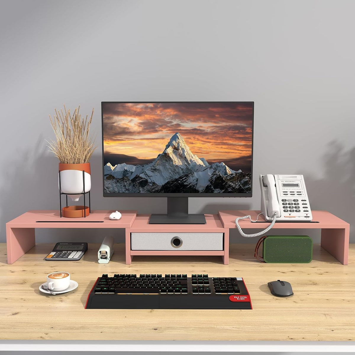 Dual 3 Shelf Computer Riser with Drawer