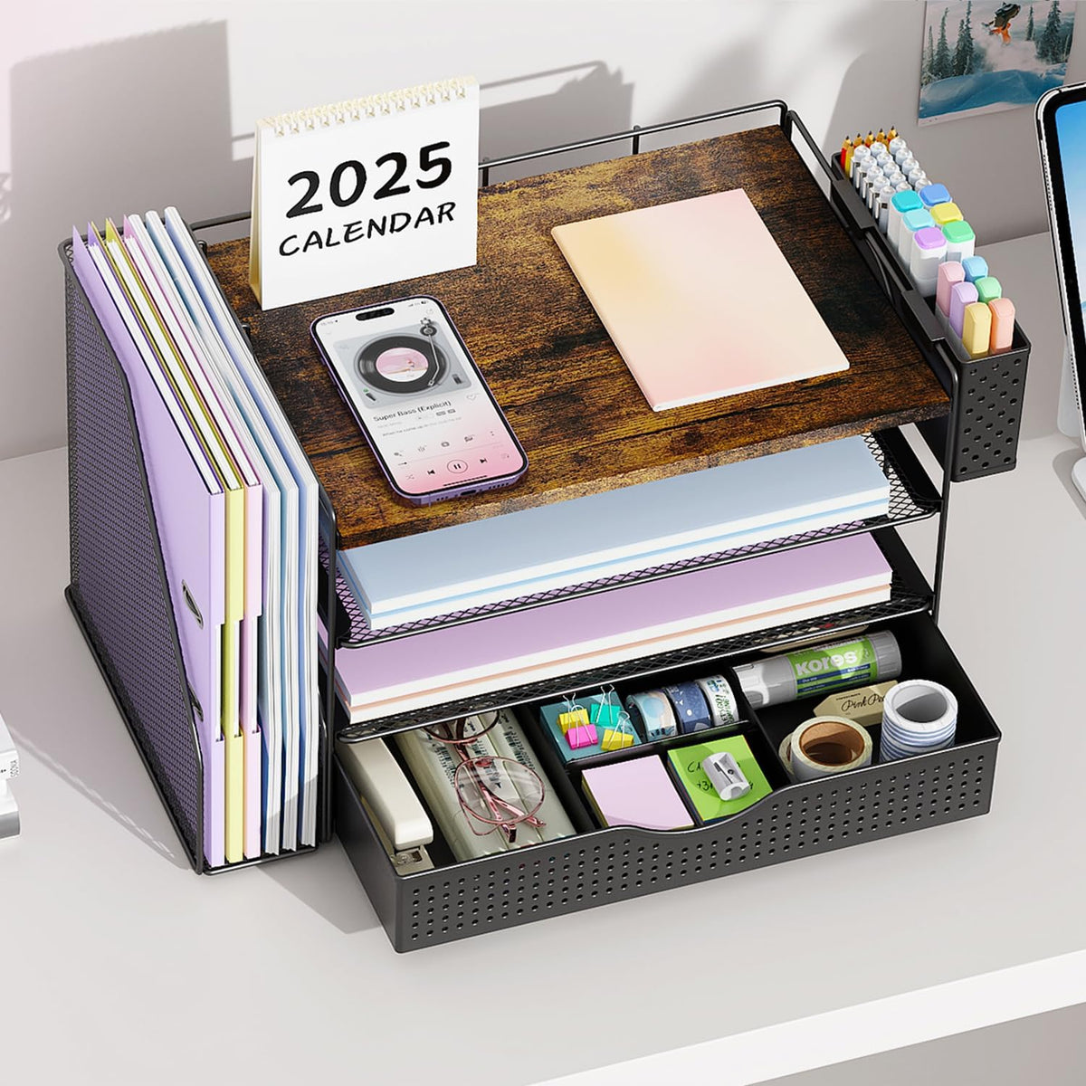Wood Desk Organizers and Accessories with File Holder, 4-Tier