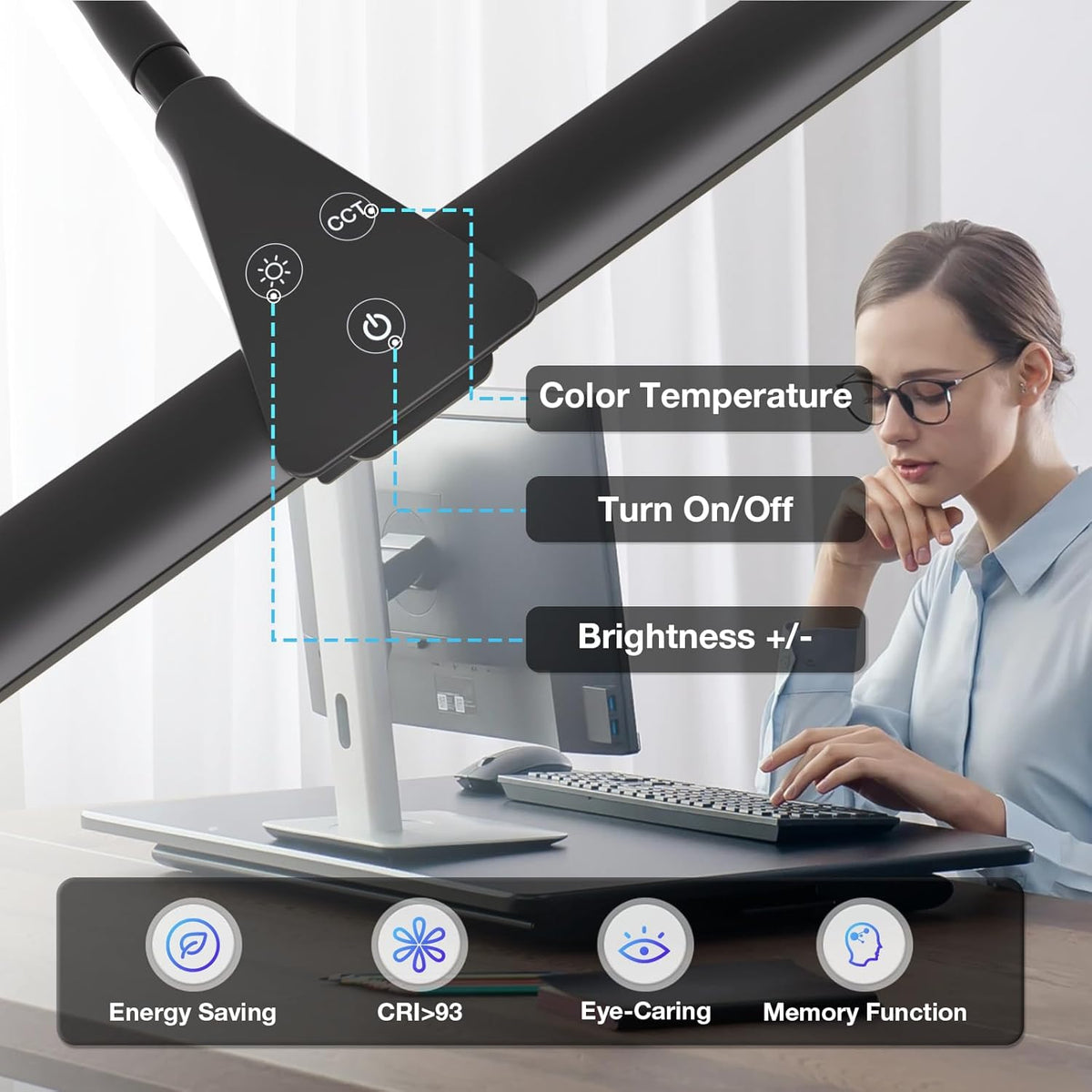 Hensam Desk Lamp for Office Home, 31.5" Desktop Lighting Bar with Gooseneck, Clip on Desk Light with Clamp, Bright Dimmable Table Lamp for Study, Work, Computer, Monitor, Reading