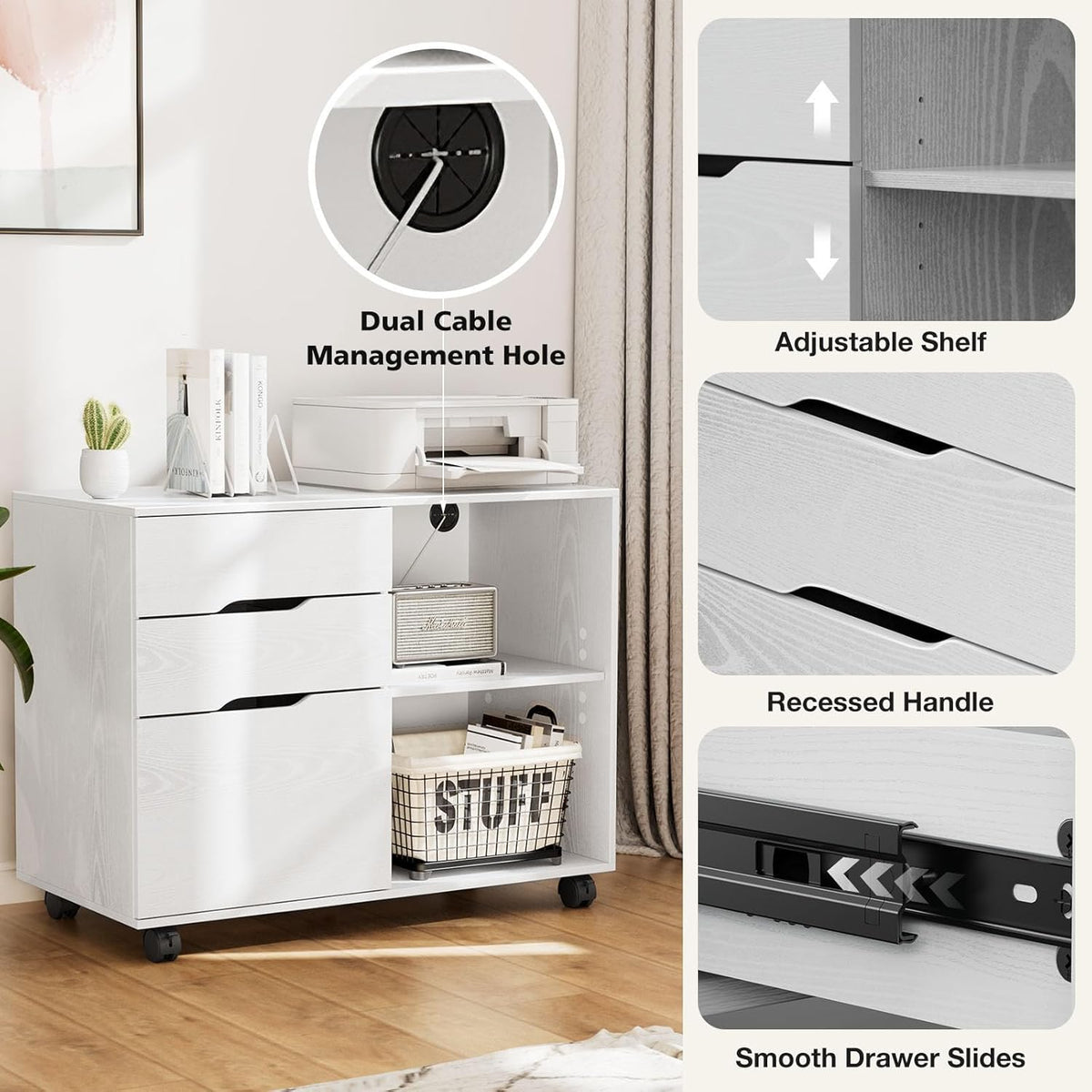 Lateral File Cabinet with 3 Drawers Rolling Filing Cabinets Under