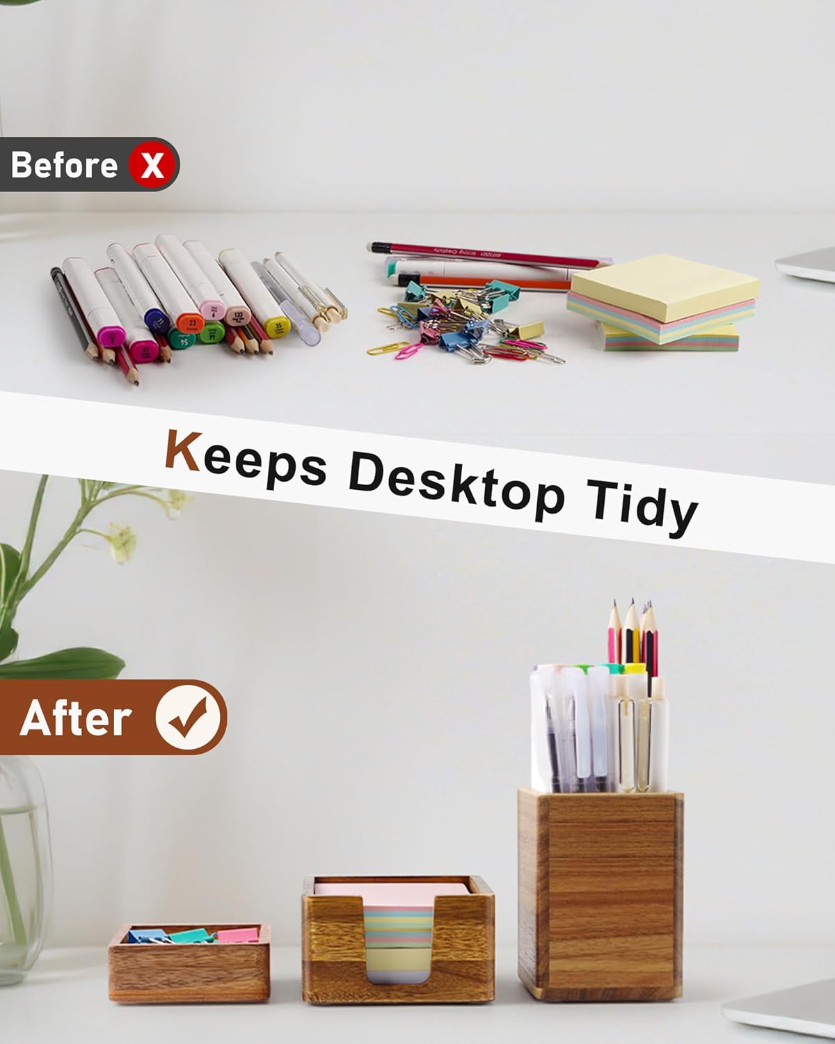 Acacia Wood Desk Organizer Set with Sticky Note Holder