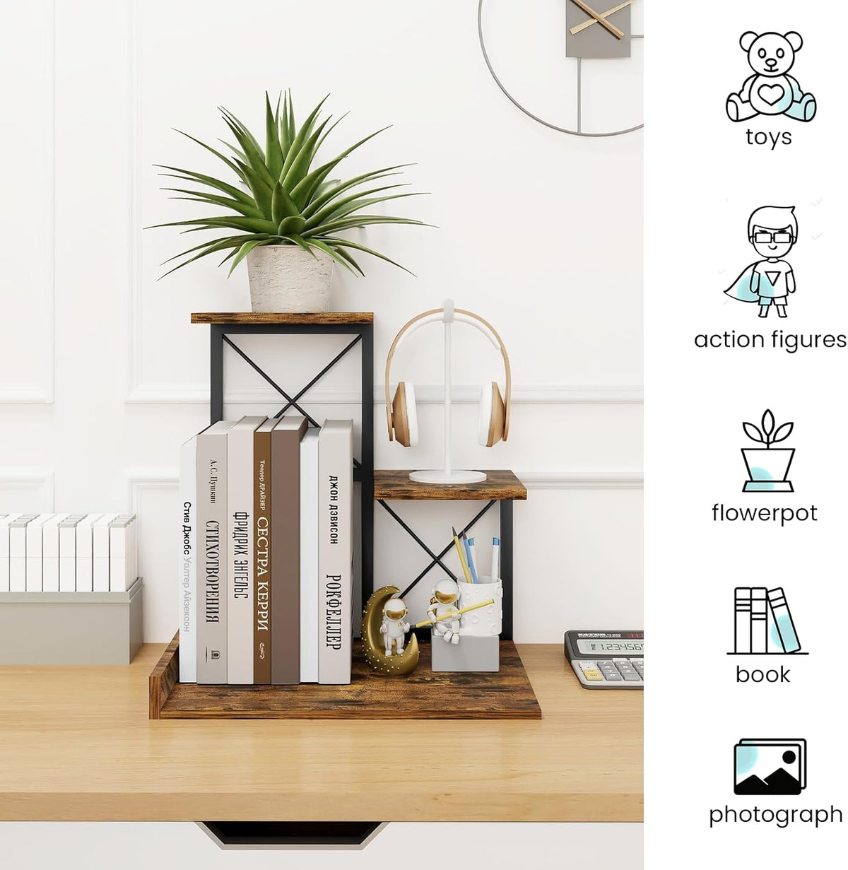 Desk Shelf Organizer, Wood Desktop Organizer Small Bookshelf