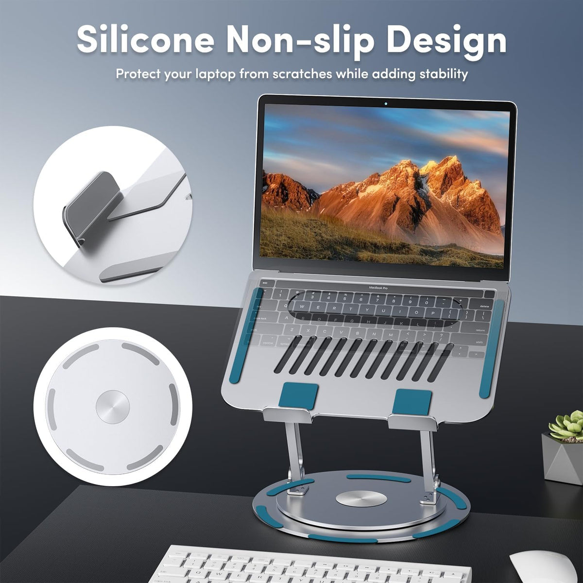 Adjustable Laptop Stand with 360° Rotating Base, Silver