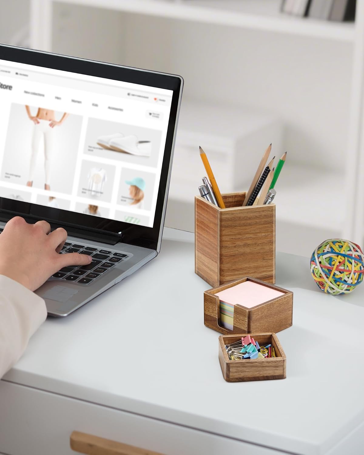 Acacia Wood Desk Organizer Set with Sticky Note Holder