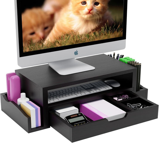 Monitor Stand Riser and Computer Wood Desk Organizer with Drawer