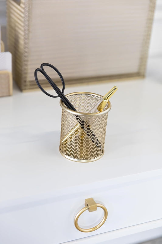 Gold Metal Mesh Pen Holder