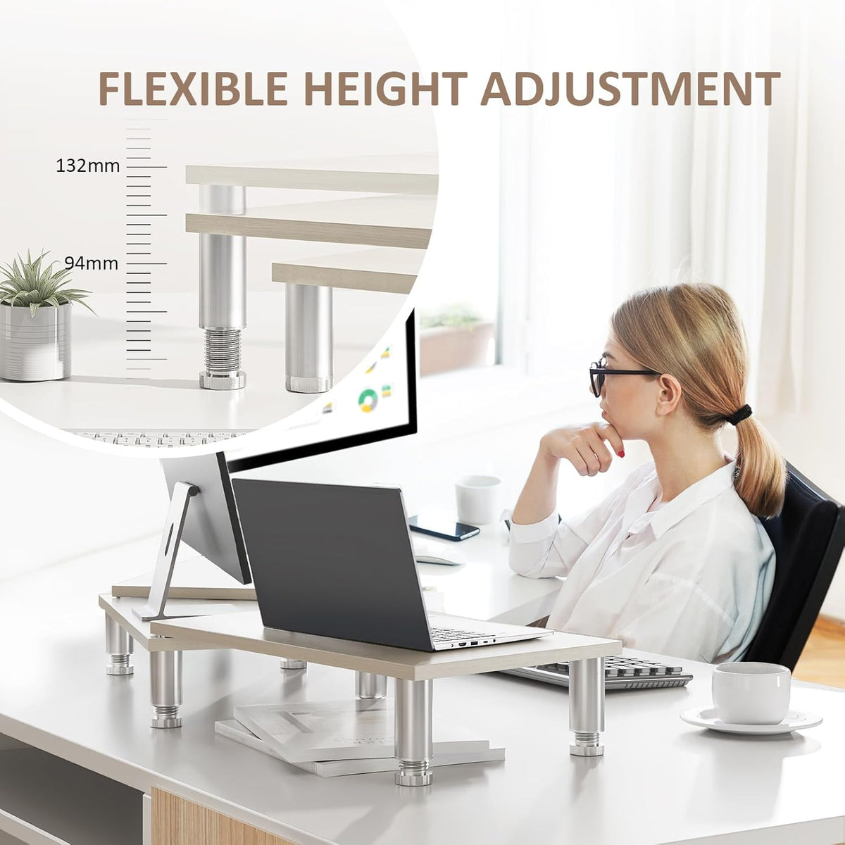 Dual Monitor Riser, Adjustable Length & Angle