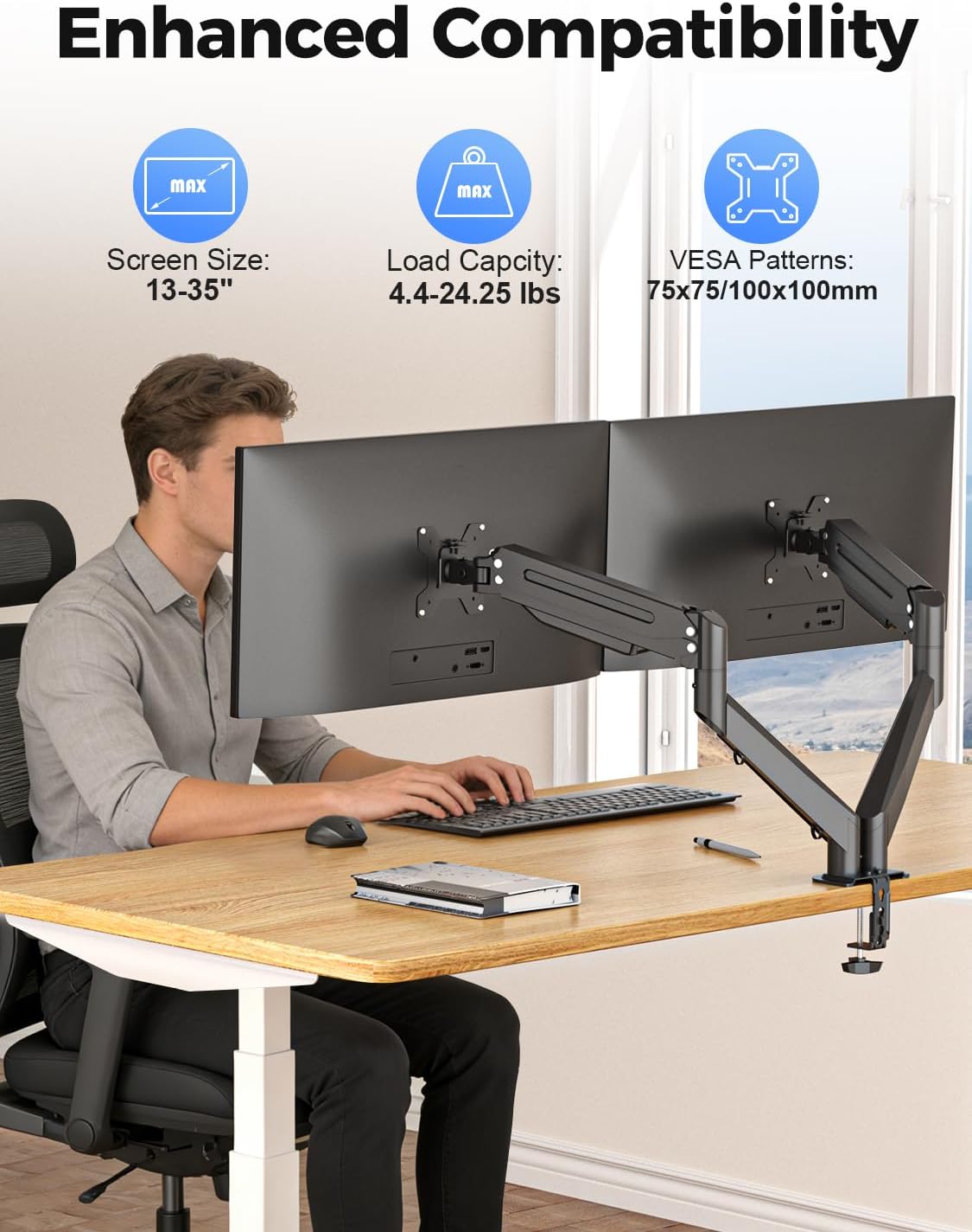 Dual Monitor Mount Stand-Height Adjustable Gas Spring Monitor Arm