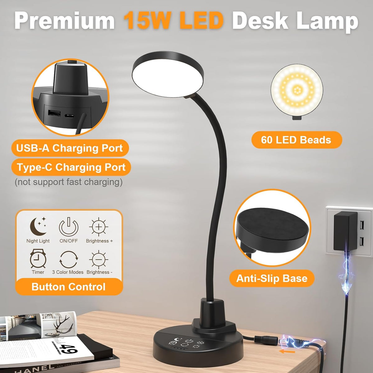 15W LED Desk Lamp with USB Charging Ports