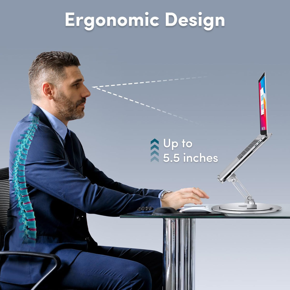 Adjustable Laptop Stand with 360° Rotating Base, Silver