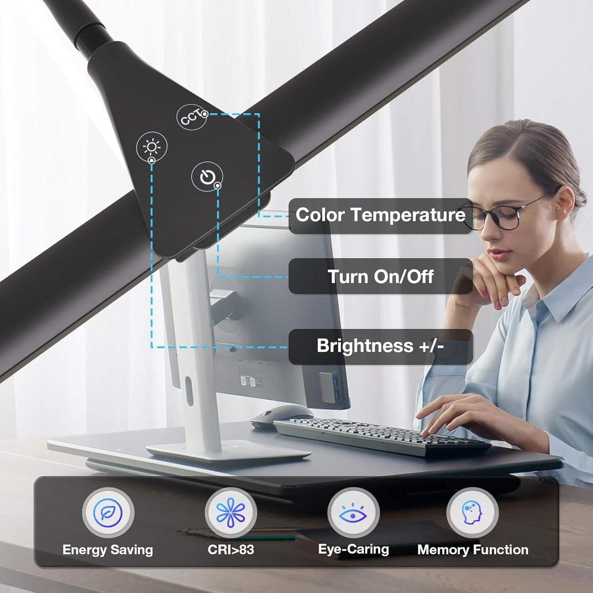 Hensam Desk Lamps for Home Office, Eye-Caring Architect LED Desk Light with Adjustable Brightness, Dual Monitors Task Lighting with Clamp, for Workbench, Study, Drafting, 1400 lm