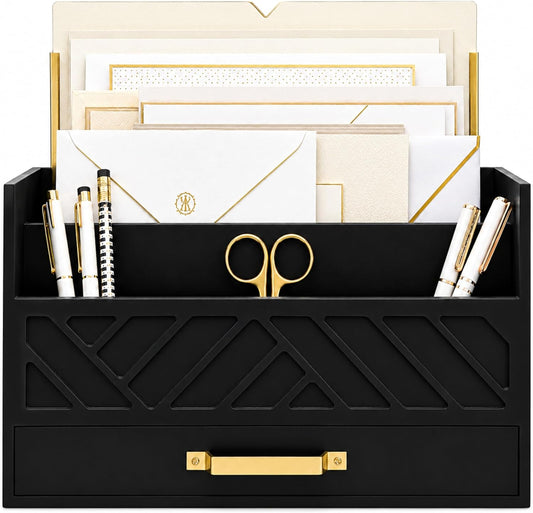 BLU MONACO | Wooden Mail Organizer with Drawer and Gold Hand