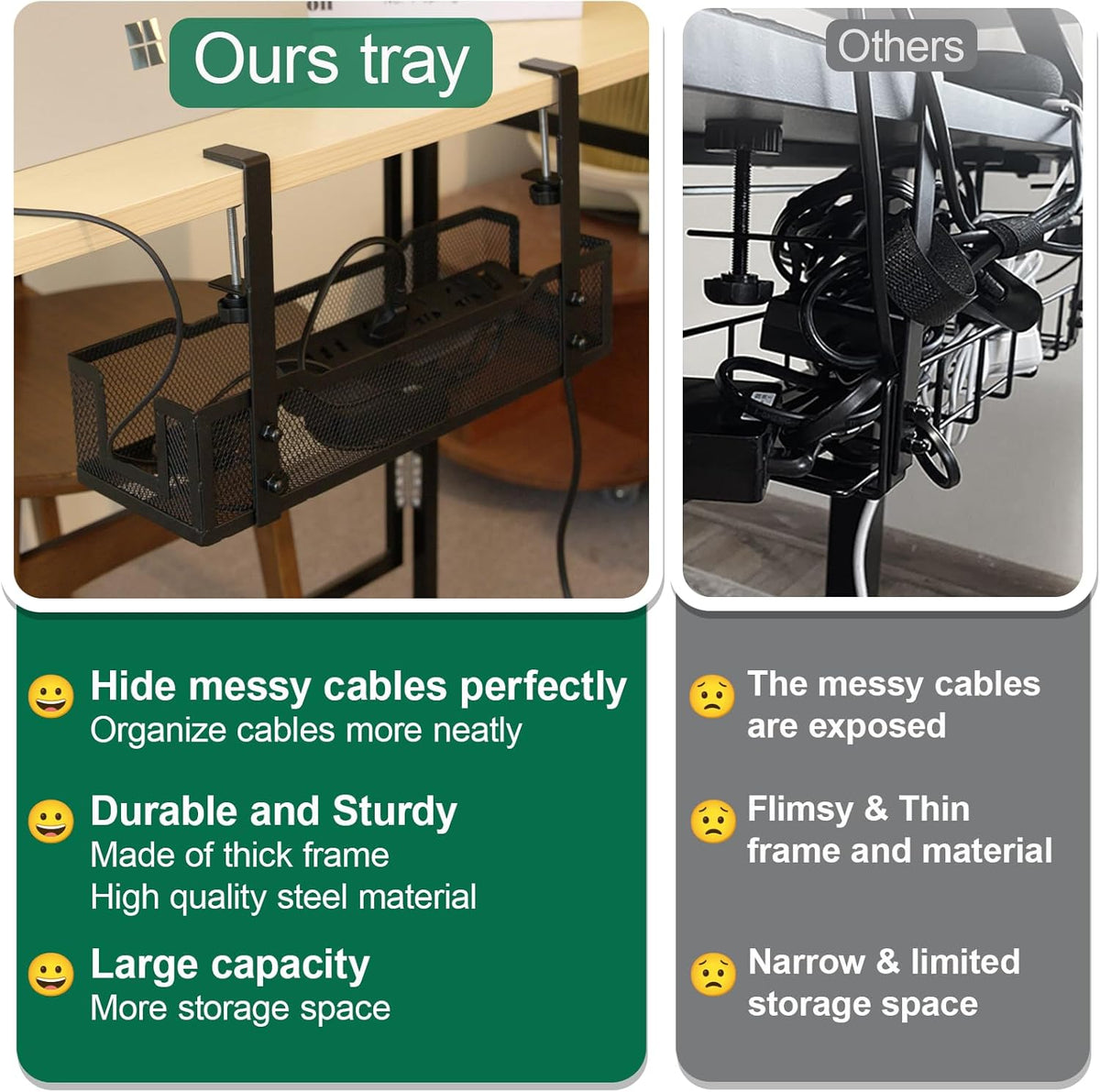 No Drill Under Desk Cable Management Tray with clamp-Premium Wire