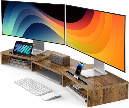 Dual Monitor Stand Riser- 3 Shelf Screen Stand with Adjustable Length, Brown