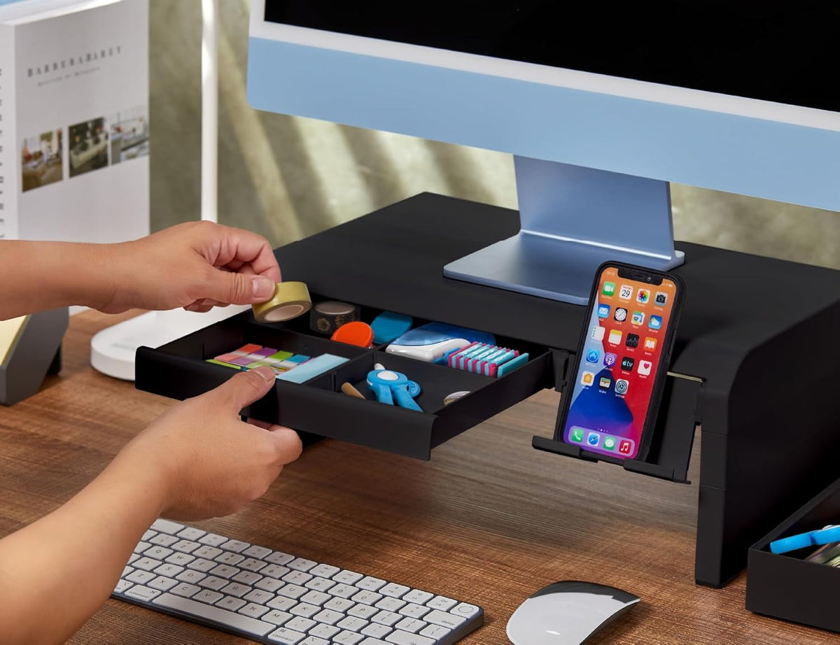 Konnect Adjustable Monitor Riser with Drawer & Cell Phone Holder