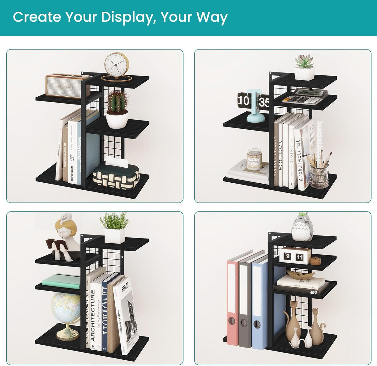 Desktop Bookshelf, 4 Tier Wood Desk Organizer Shelf