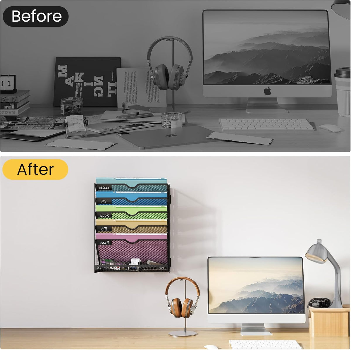Hanging Wall File Organizer 6-Tier Wall Mount Mail Organizer & Desk