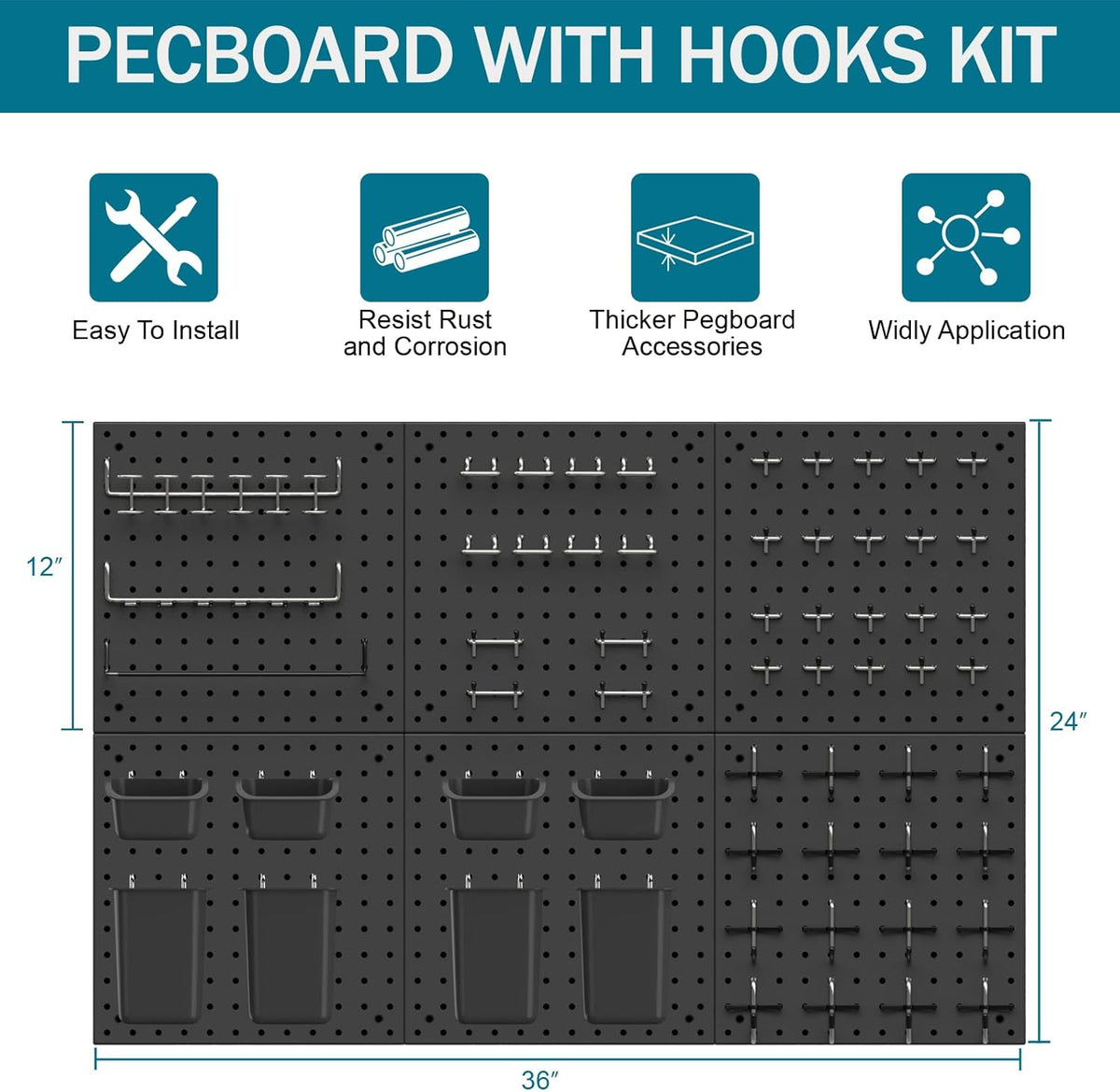 Peg Board Kit, Includes Pegboard and Accessories, Black