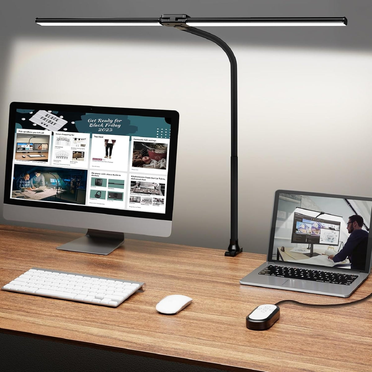 LED Desk Lamp, 31.5" Ultra Wide Double Head Architect Light with Clamp