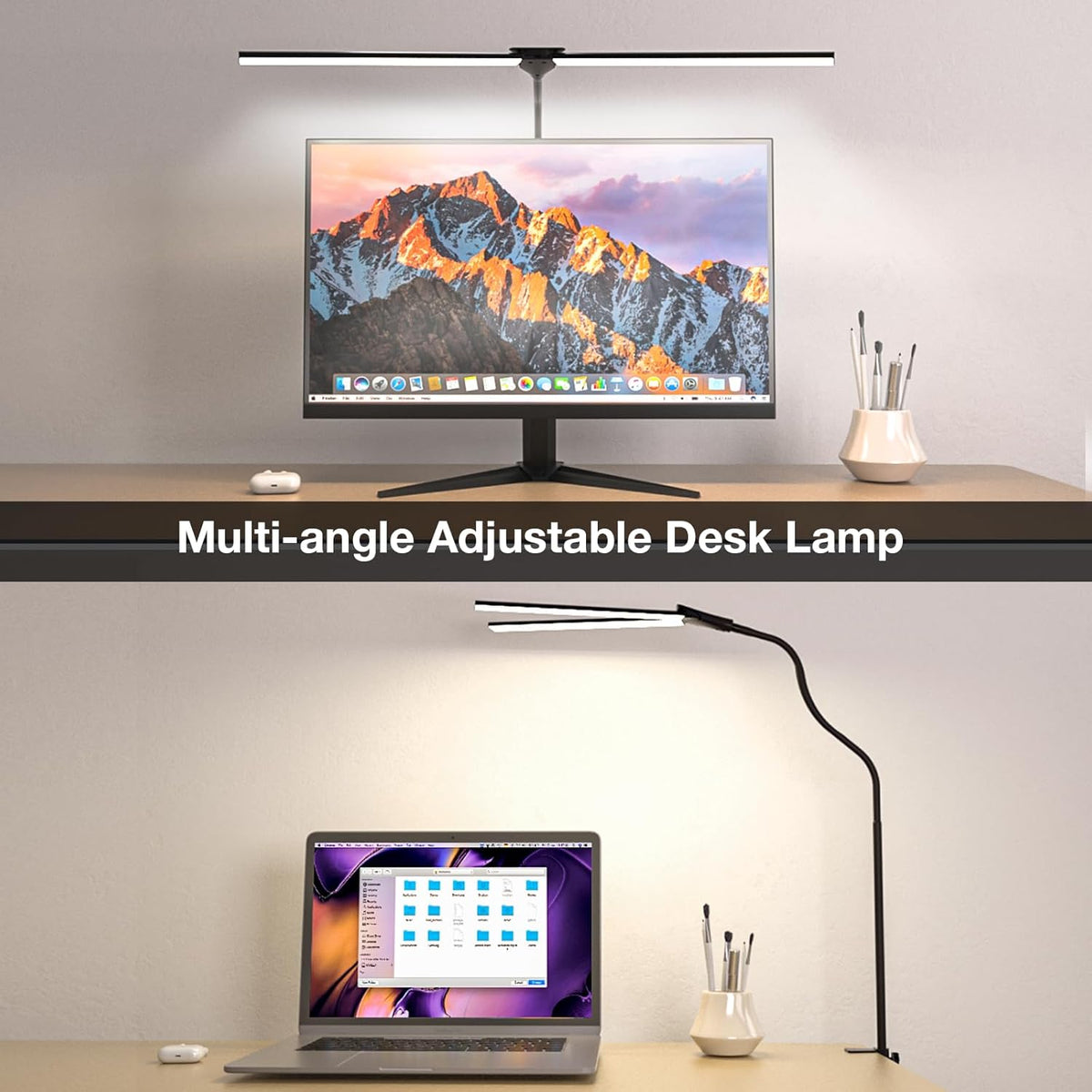 Hensam Desk Lamps for Home Office, Eye-Caring Architect LED Desk Light with Adjustable Brightness, Dual Monitors Task Lighting with Clamp, for Workbench, Study, Drafting, 1400 lm