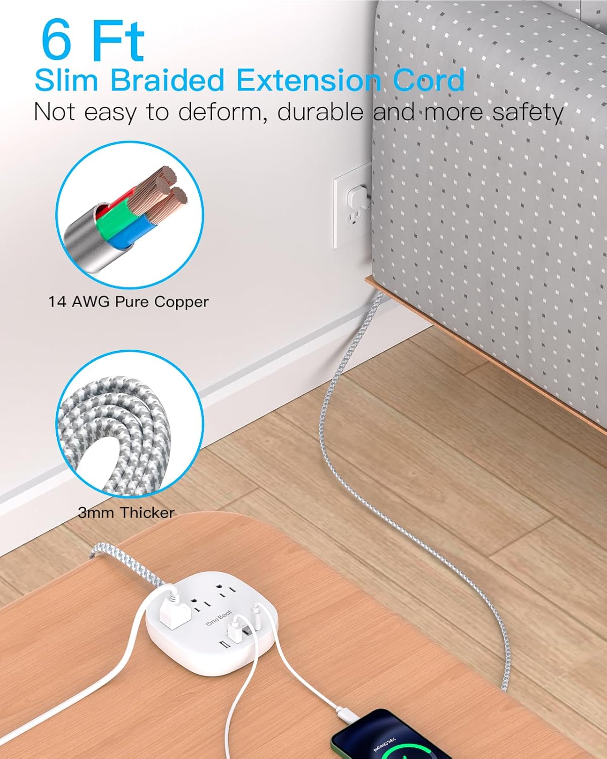 Flat Plug Power Strip, 6ft Ultra Flat Extension Cord
