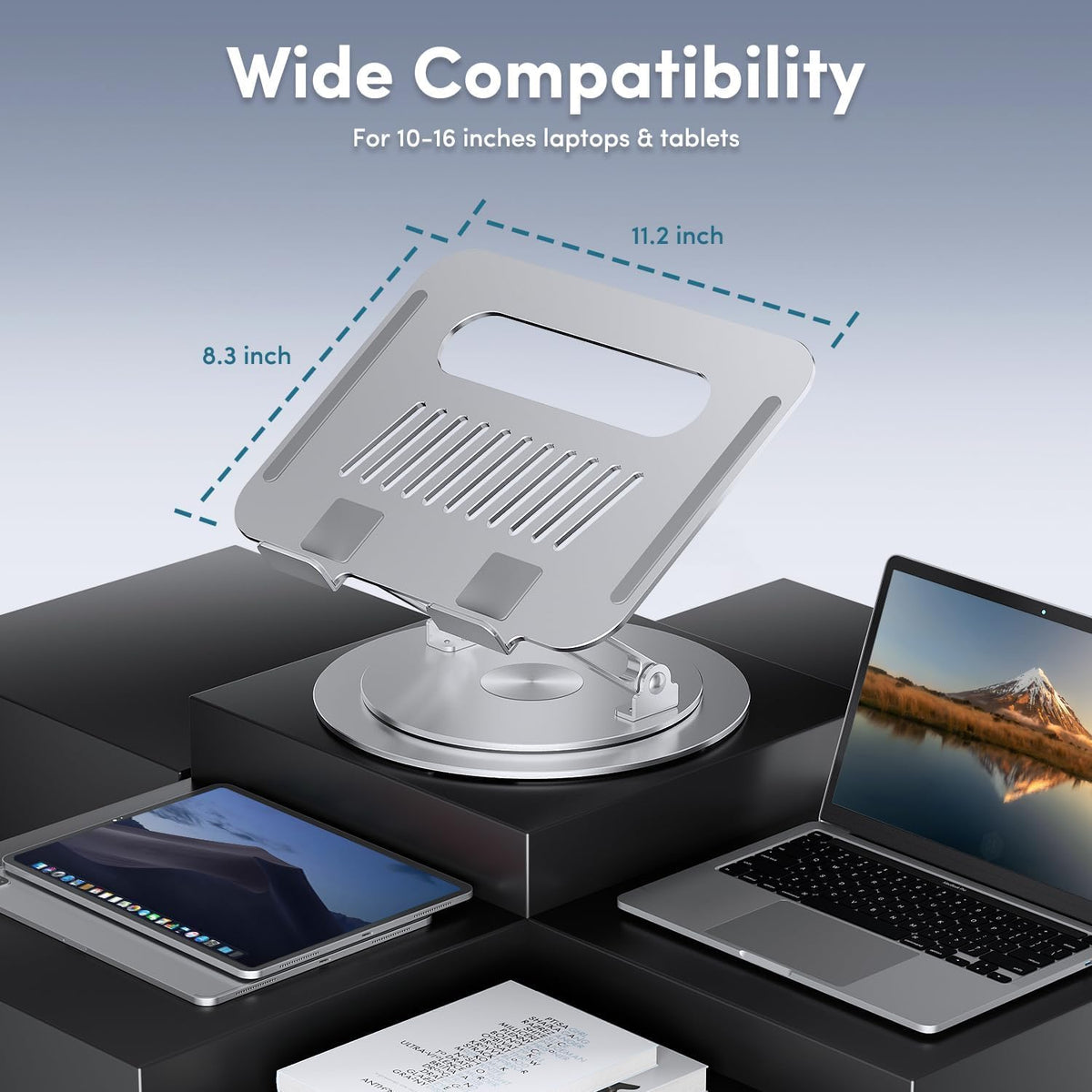 Adjustable Laptop Stand with 360° Rotating Base, Silver