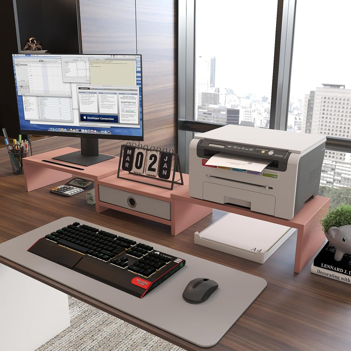 Dual 3 Shelf Computer Riser with Drawer