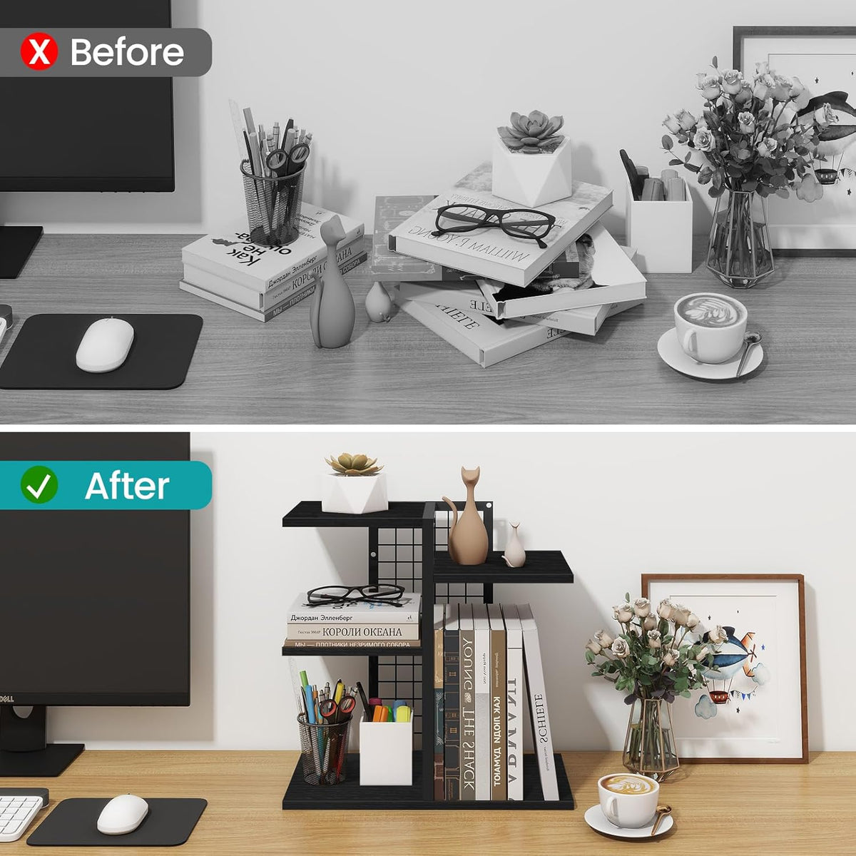 Desktop Bookshelf, 4 Tier Wood Desk Organizer Shelf