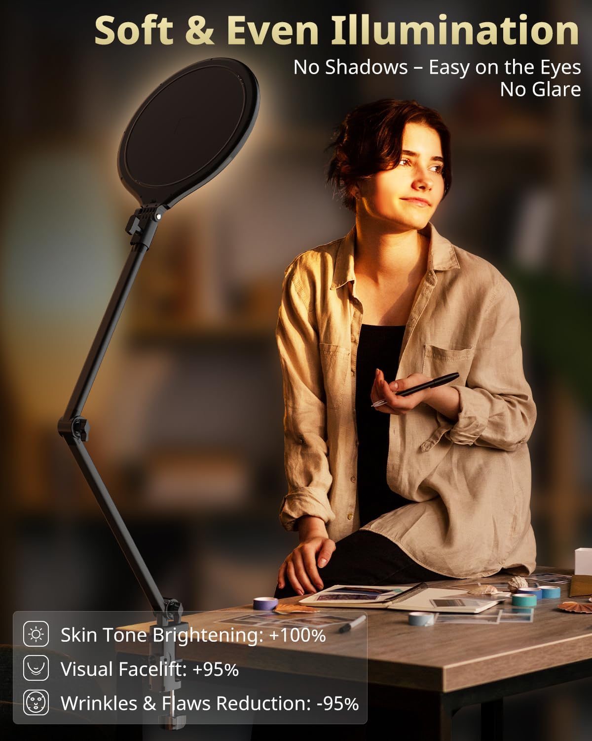 10" Key Light, Desk Ring Light with Adjustable Arm