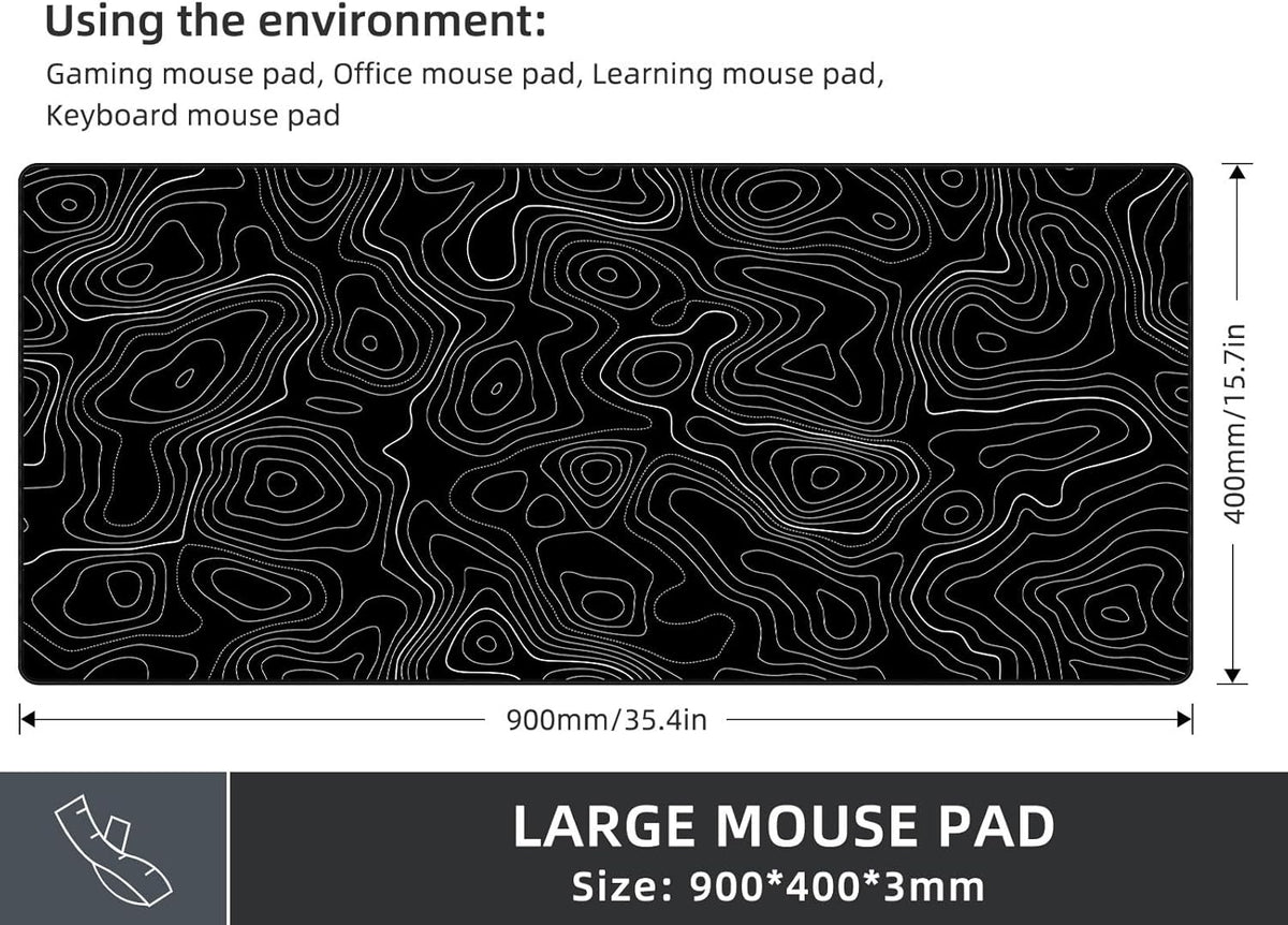 Extra Large Gaming Mouse Pad with Black Topographic