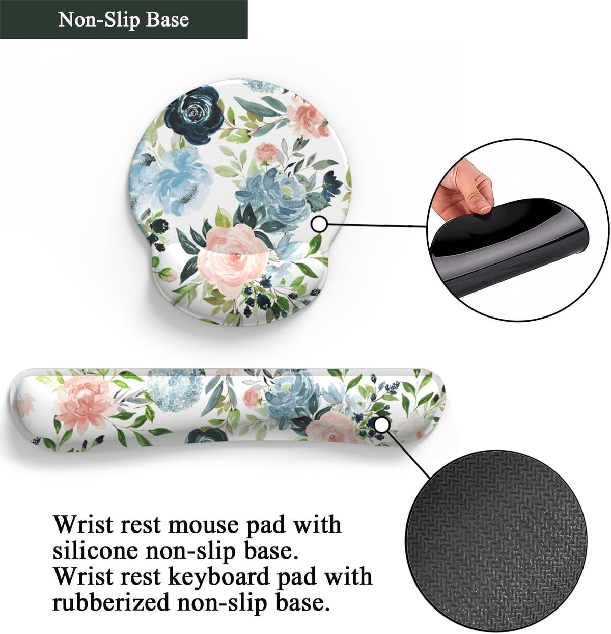 Green Blue Pink Floral Mouse Pad Wrist Support Keyboard Wrist Rest Set