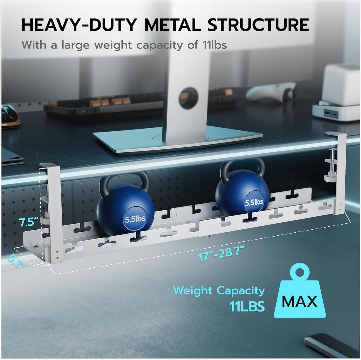 17"-28.7" Extendable Under Desk Cable Management Tray with Cable Slots