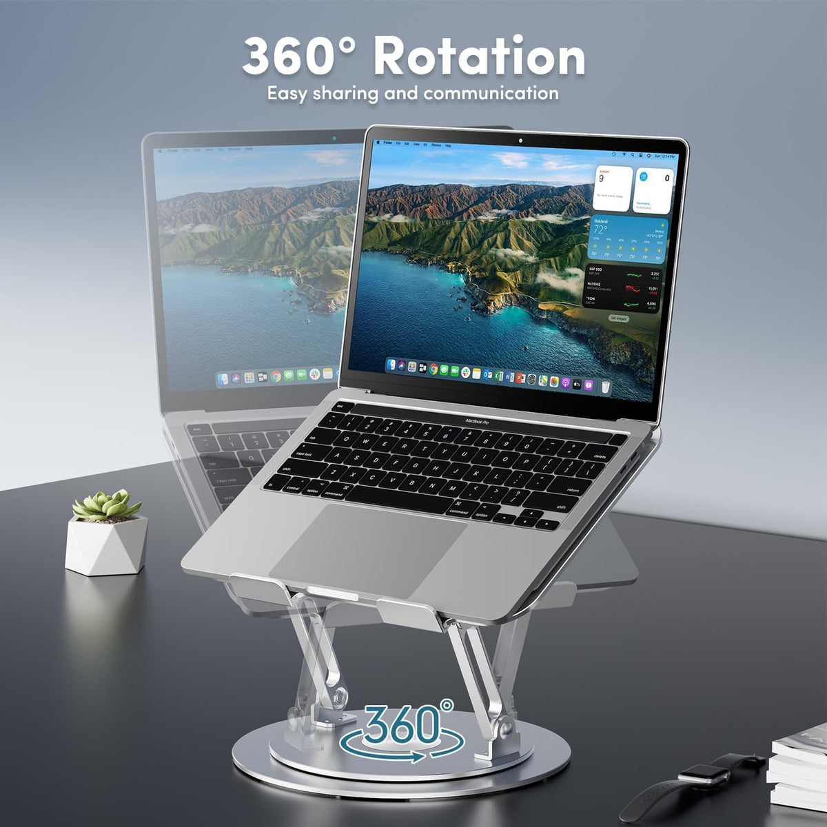 Adjustable Laptop Stand with 360° Rotating Base, Silver