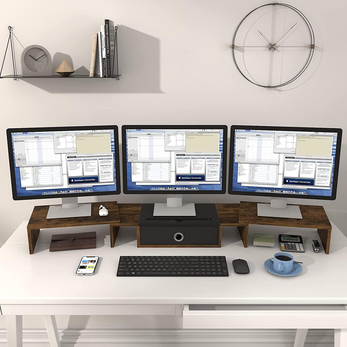 Triple Dual Monitor Stand Riser with Drawer