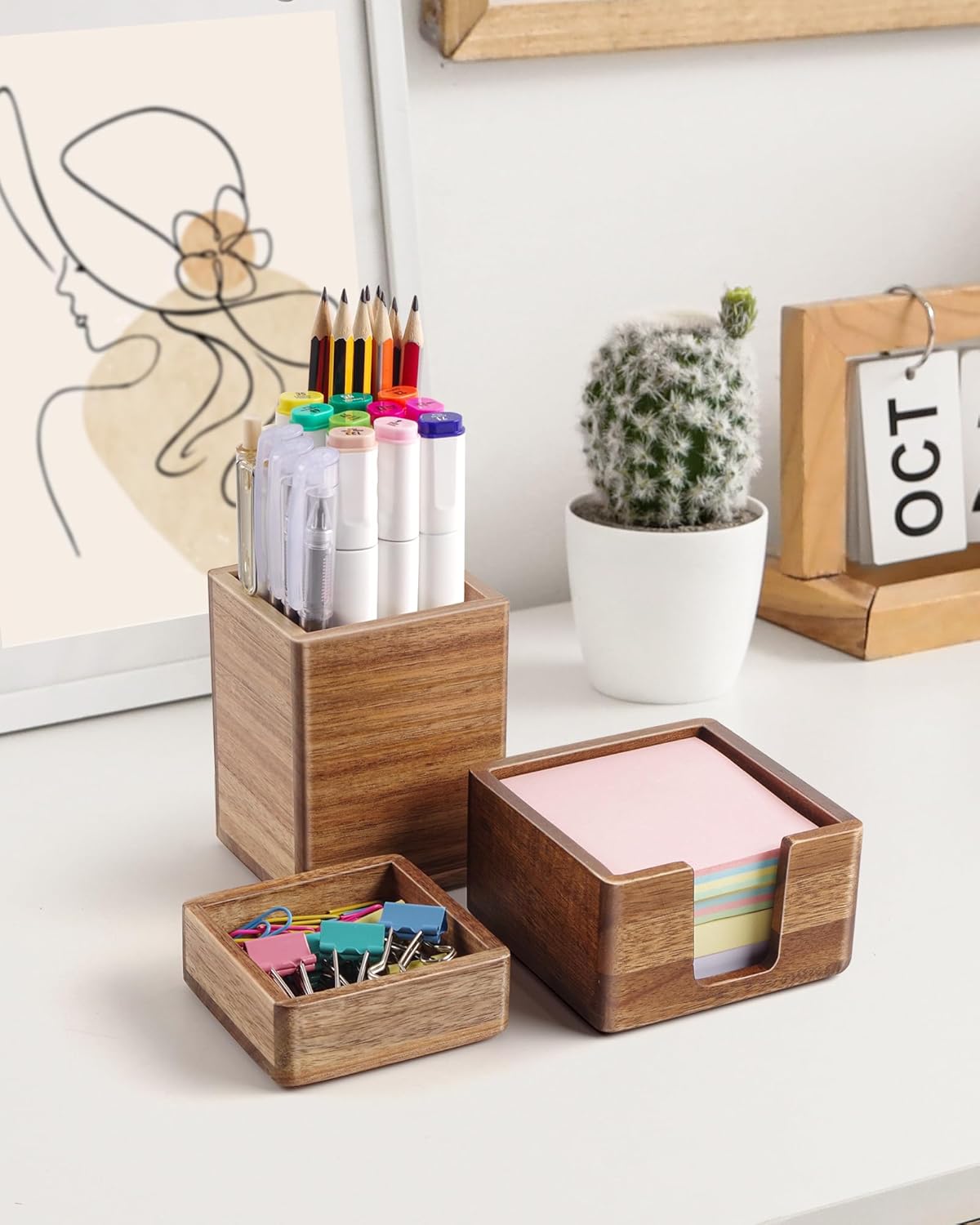 Acacia Wood Desk Organizer Set with Sticky Note Holder