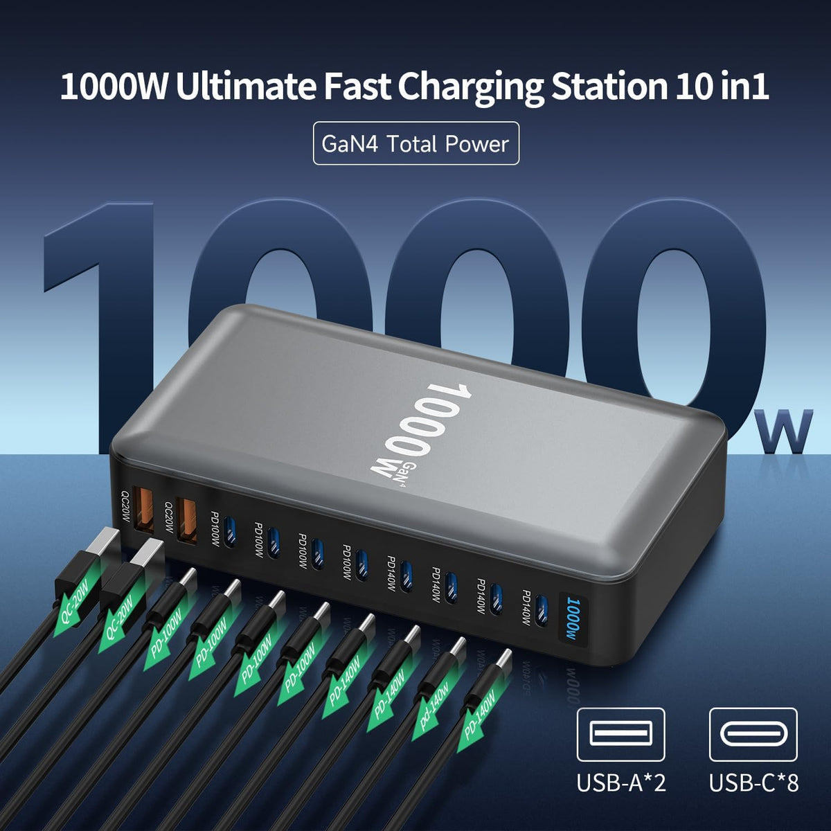 1000W 10-Port GaN 4 Desktop Charging Station with 240W 6.6 ft Data