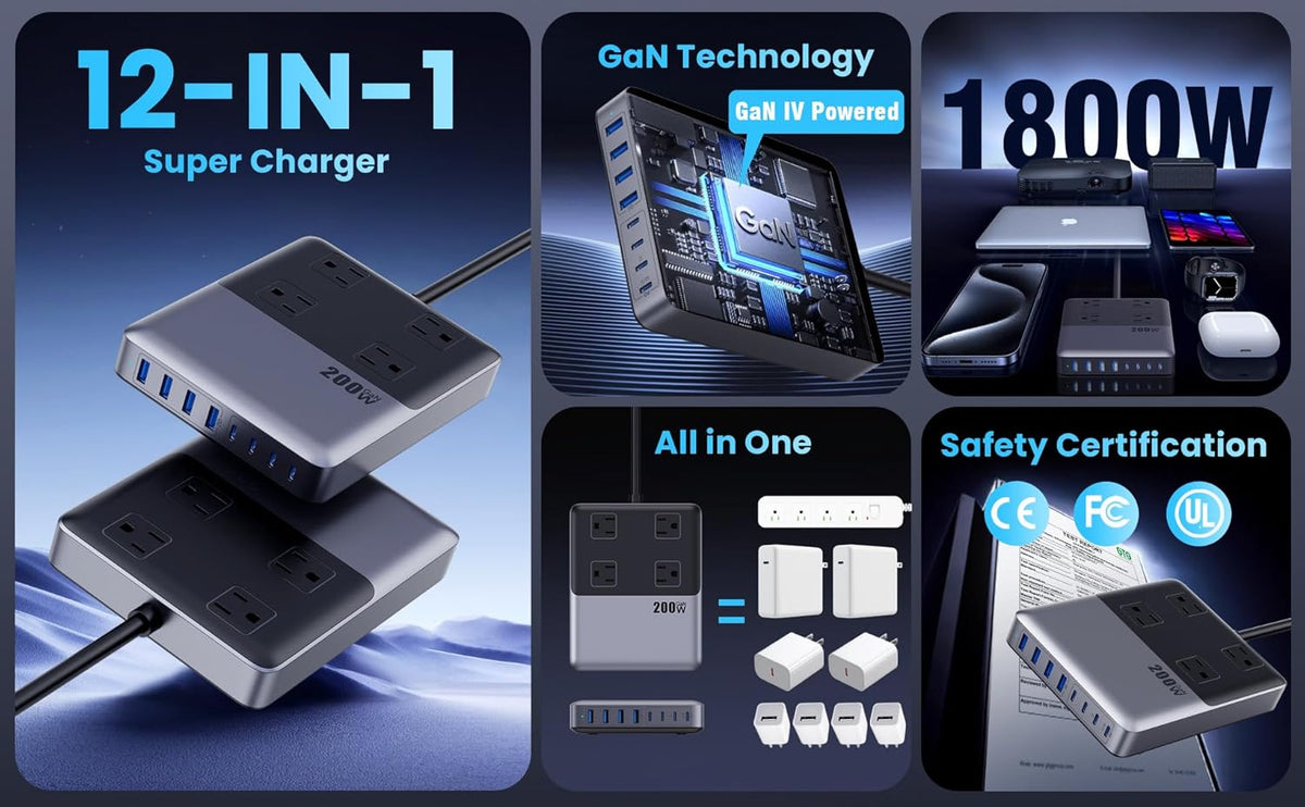 12-in-1 Charging Station USB C Power Strip with 5ft Cord and Plug