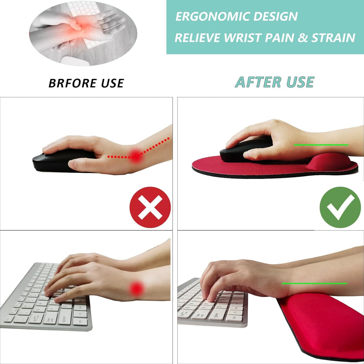 Keyboard Wrist Rest Pad Mouse Pad with Wrist Support Set of 3, Red