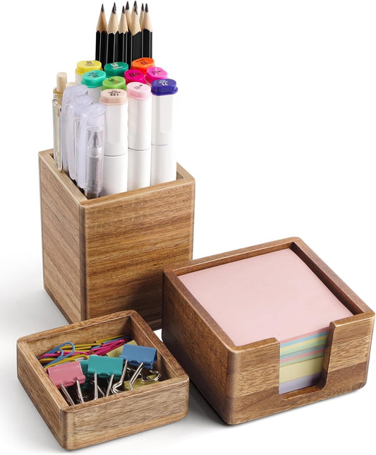 Acacia Wood Desk Organizer Set with Sticky Note Holder
