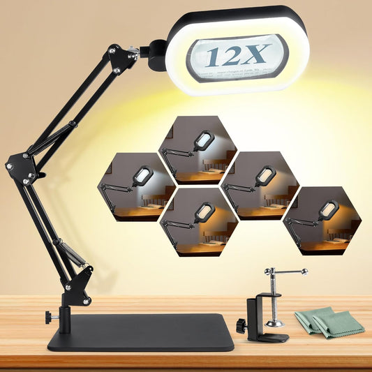 12X Square Magnifying Glass with Light and Stand with 144 LEDs