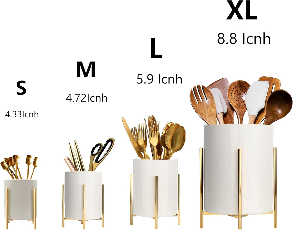 Gold Pencil Cup Sturdy Metal Frame With White Ceramic Pen Holder