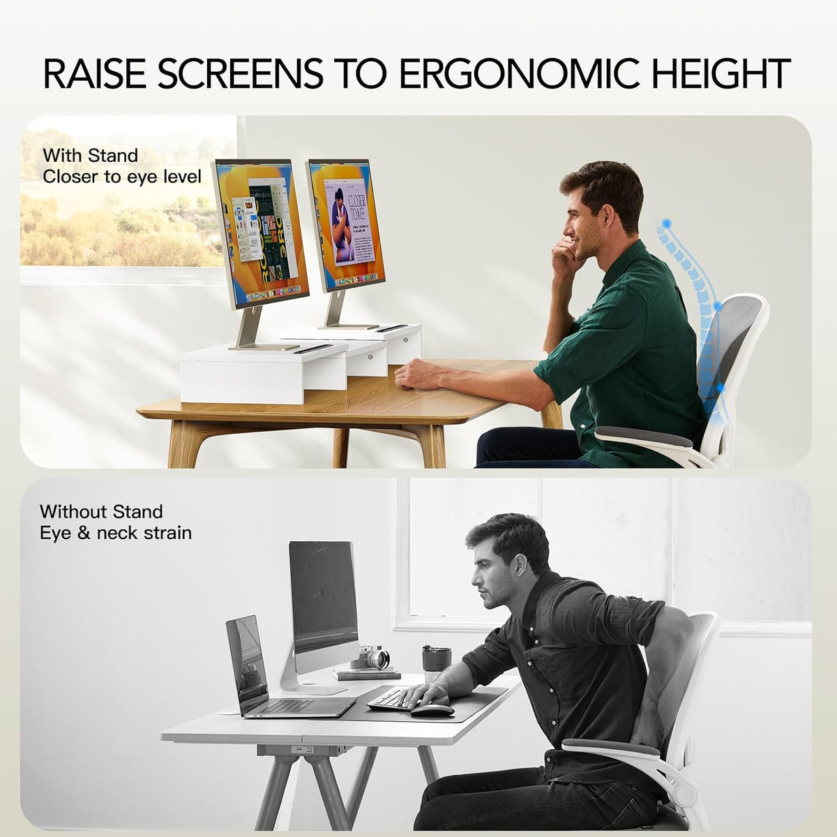 Dual Monitor Stand Riser- 3 Shelf Screen Stand with Adjustable Length, White