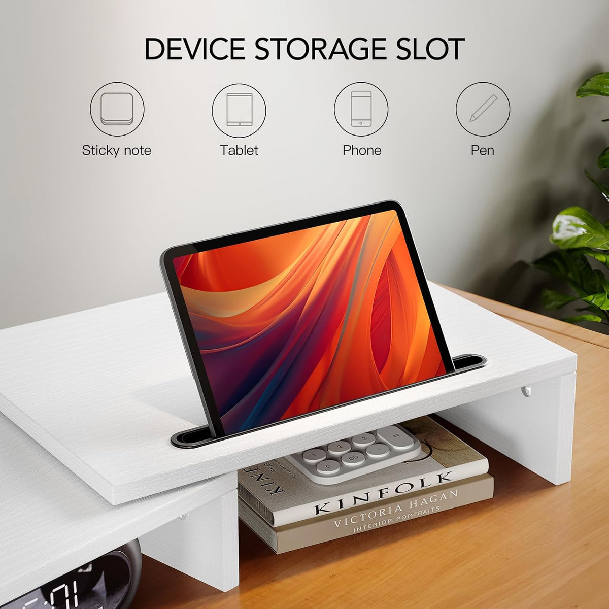 Dual Monitor Stand Riser- 3 Shelf Screen Stand with Adjustable Length, White