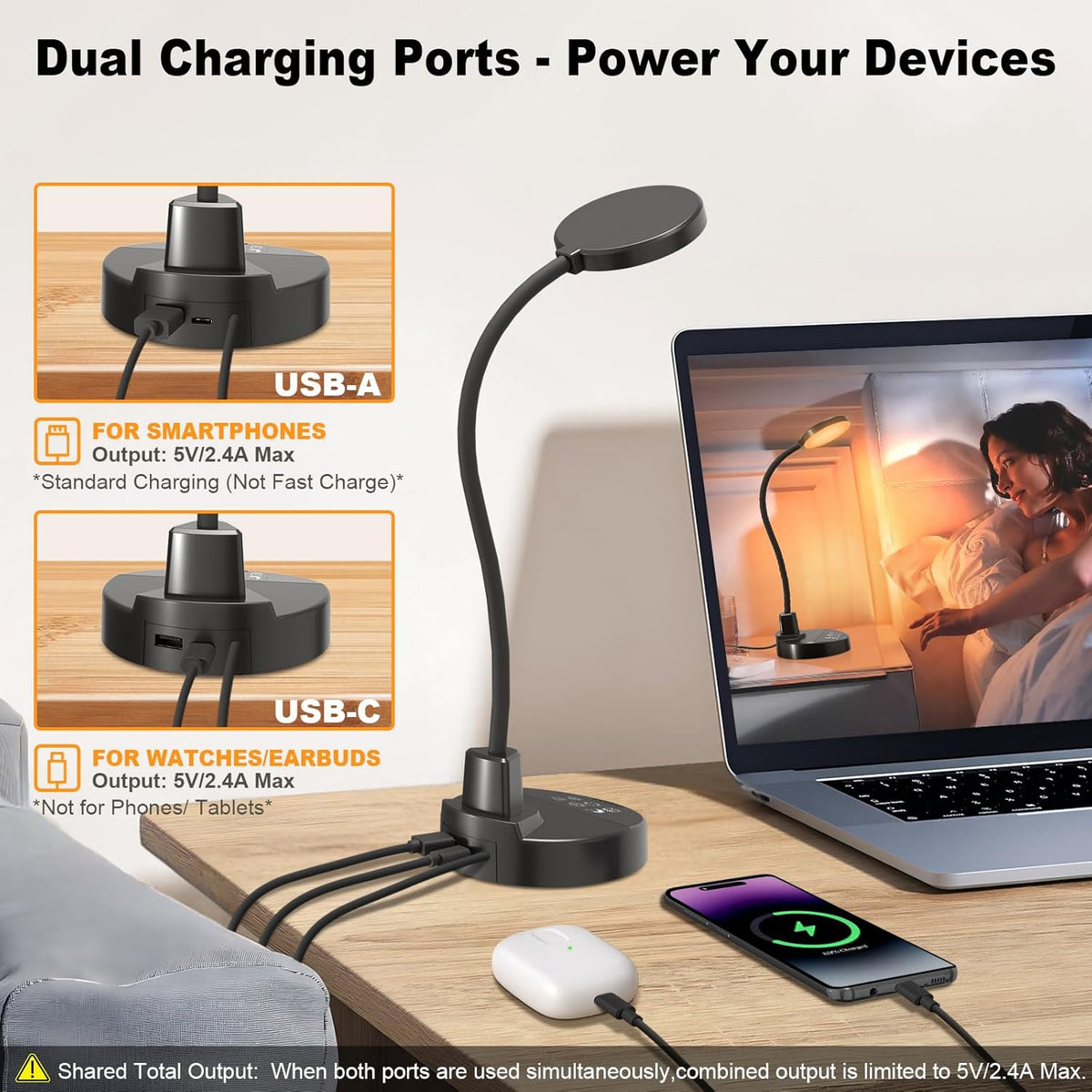15W LED Desk Lamp with USB Charging Ports