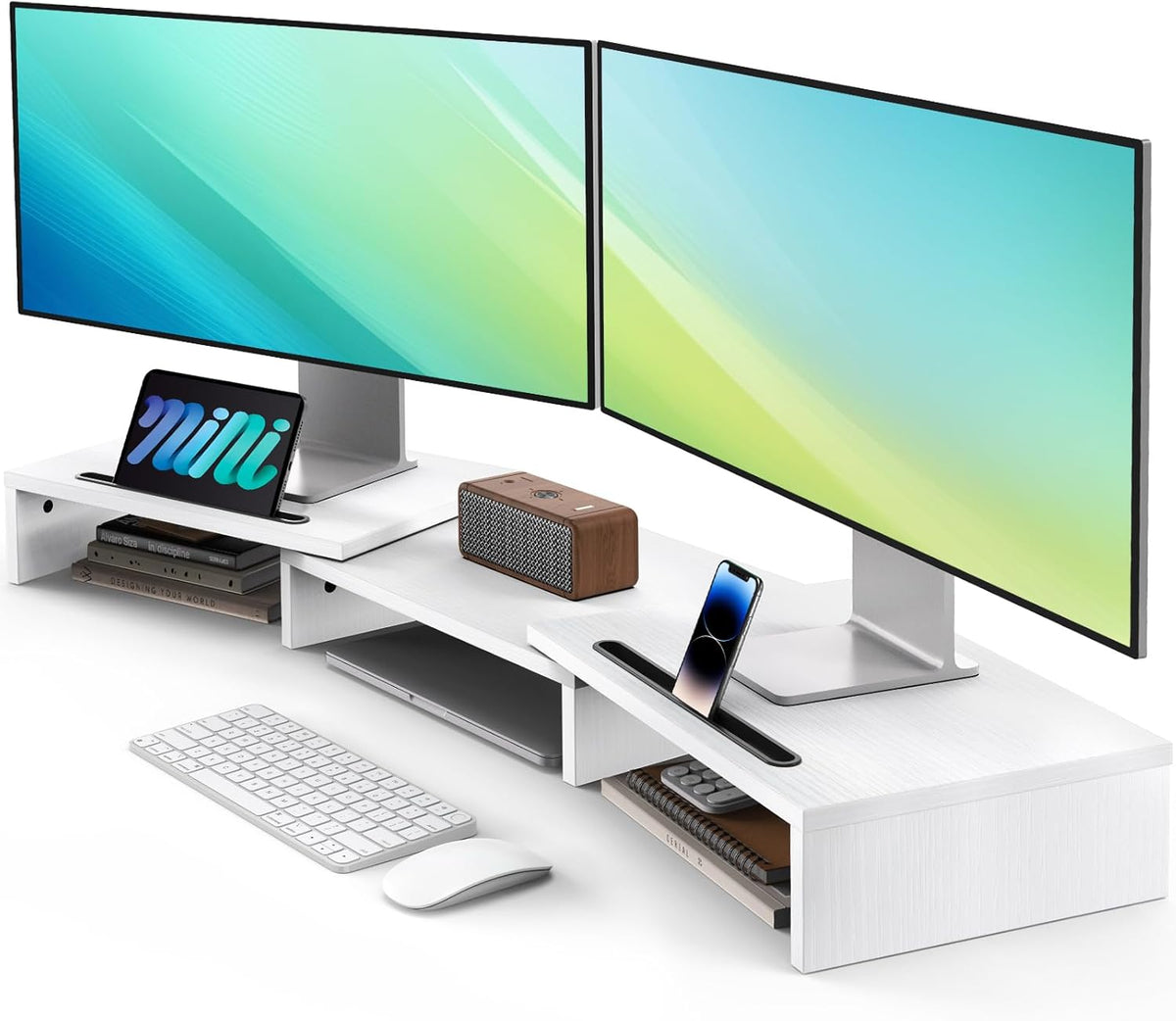 Dual Monitor Stand Riser- 3 Shelf Screen Stand with Adjustable Length, White
