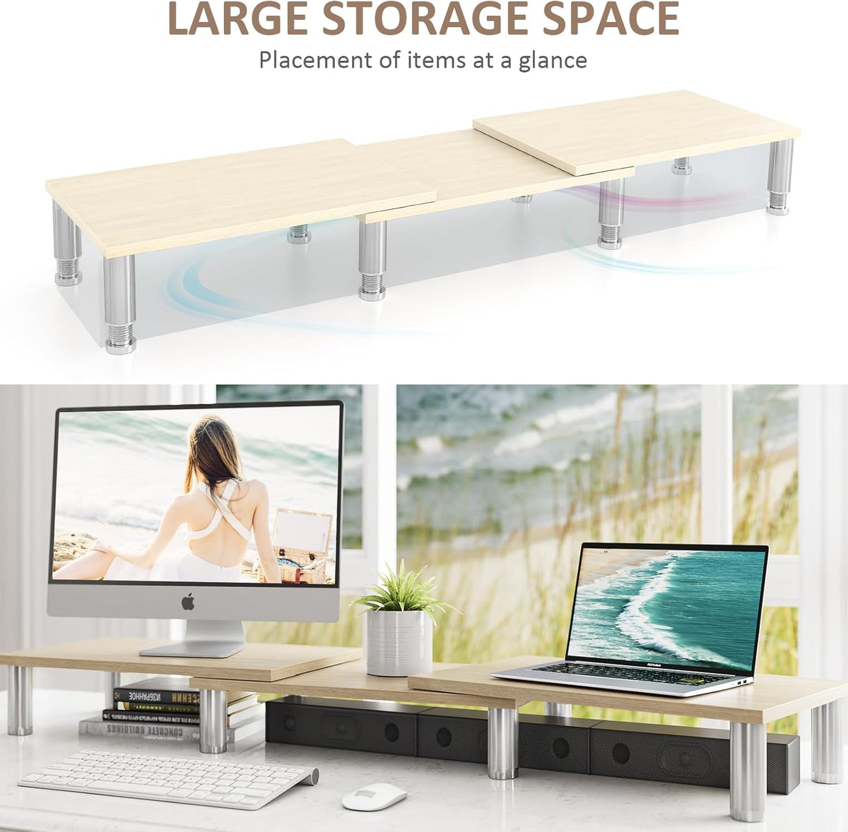 Dual Monitor Riser, Adjustable Length & Angle