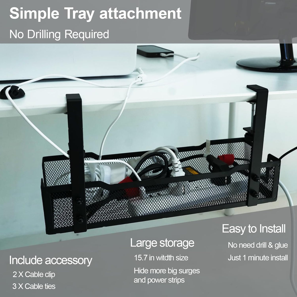 No Drill Under Desk Cable Management Tray with clamp-Premium Wire