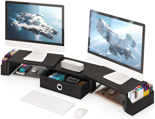 Dual Monitor Stand Riser w/ Drawer & Metal Leg