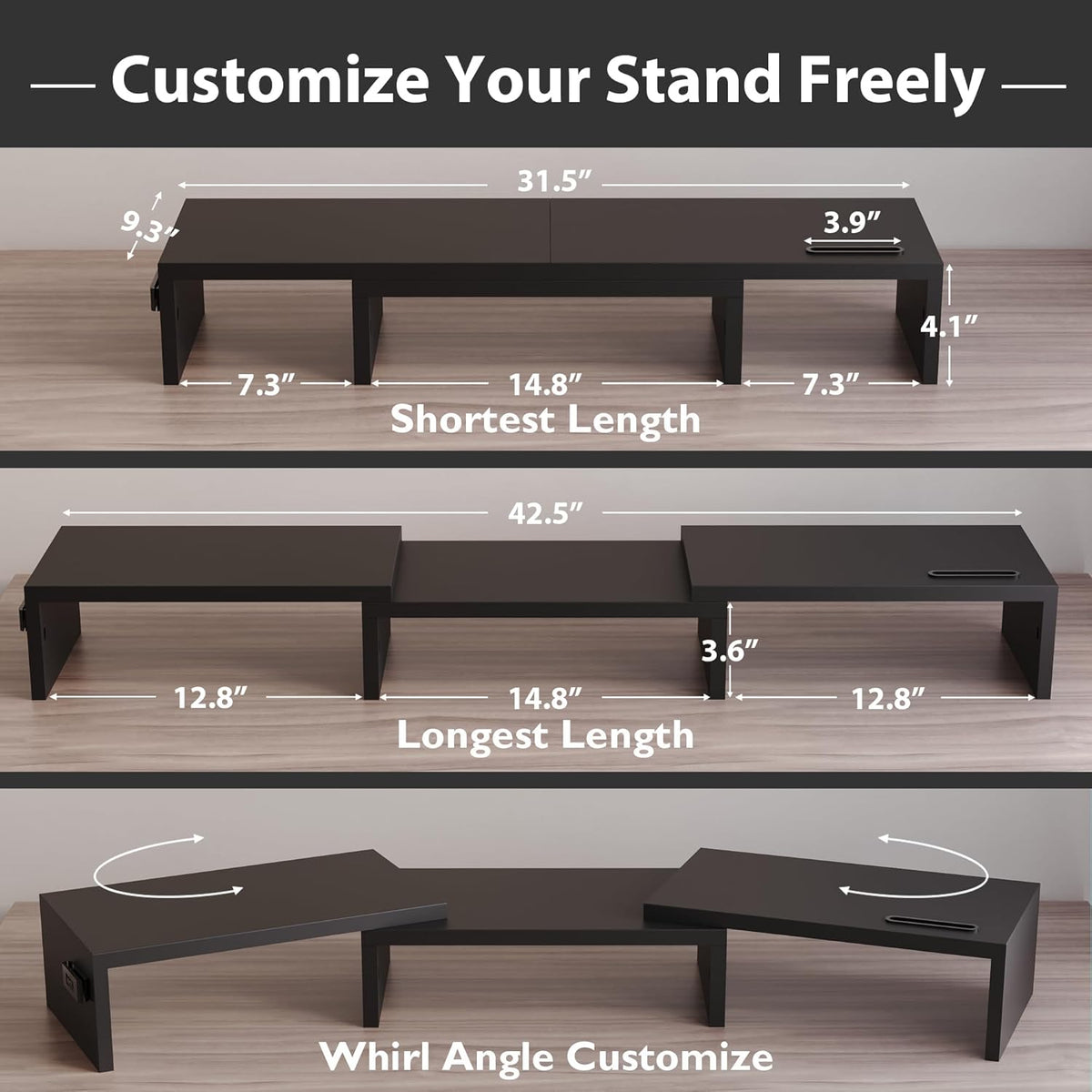 Dual Monitor Stand Riser with Smartphone Holder, Black